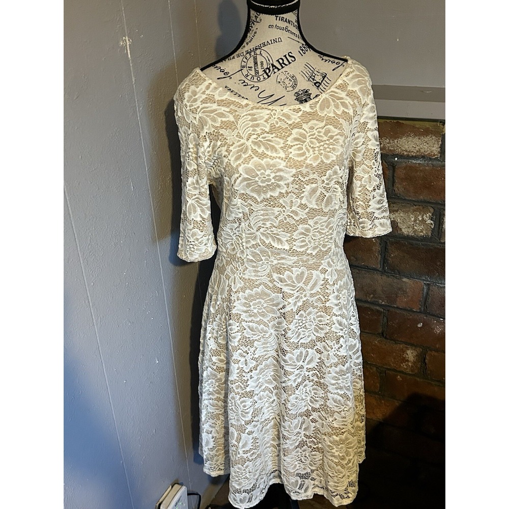 WOMEN CREME LACE SHORT SLEEVE MIDI DRESS MIKAROSE MED  CLASSY WEDDING PROM BOHO